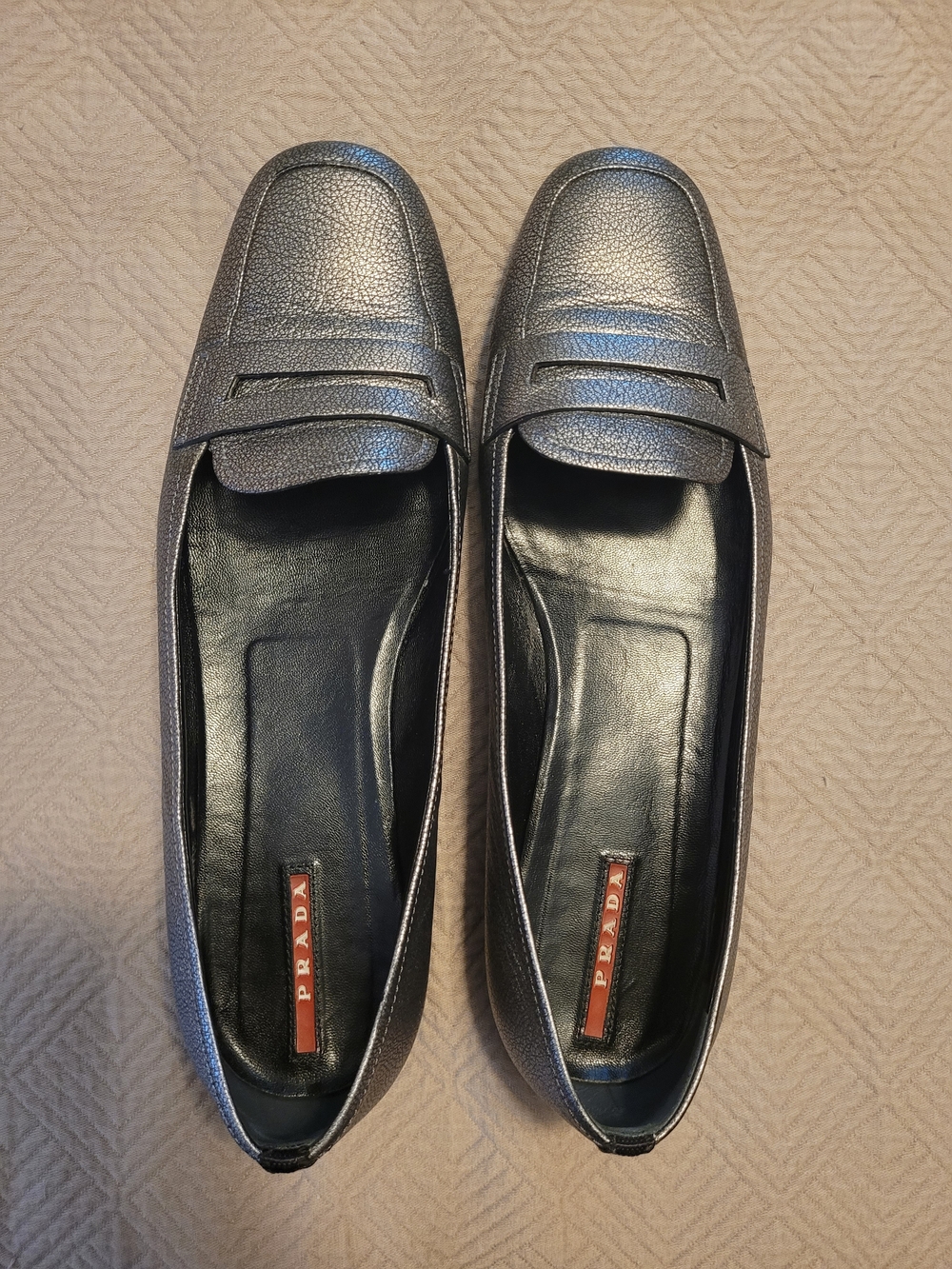 Prada Metallic Gray Penny Loafers